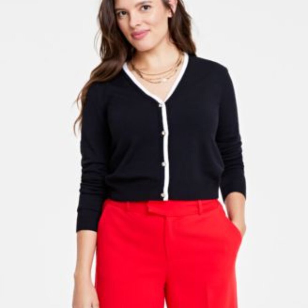 🌻 On the 34th Women's Black Tipped V-Neck Embellished Cardigan with White Trim